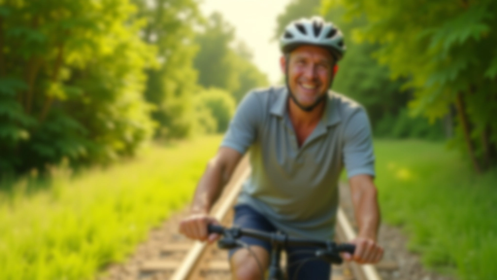 Ciclista adulto sonriendo en la silla de su bicicleta montada en la vía ferroviaria abandonada, mañana soleada