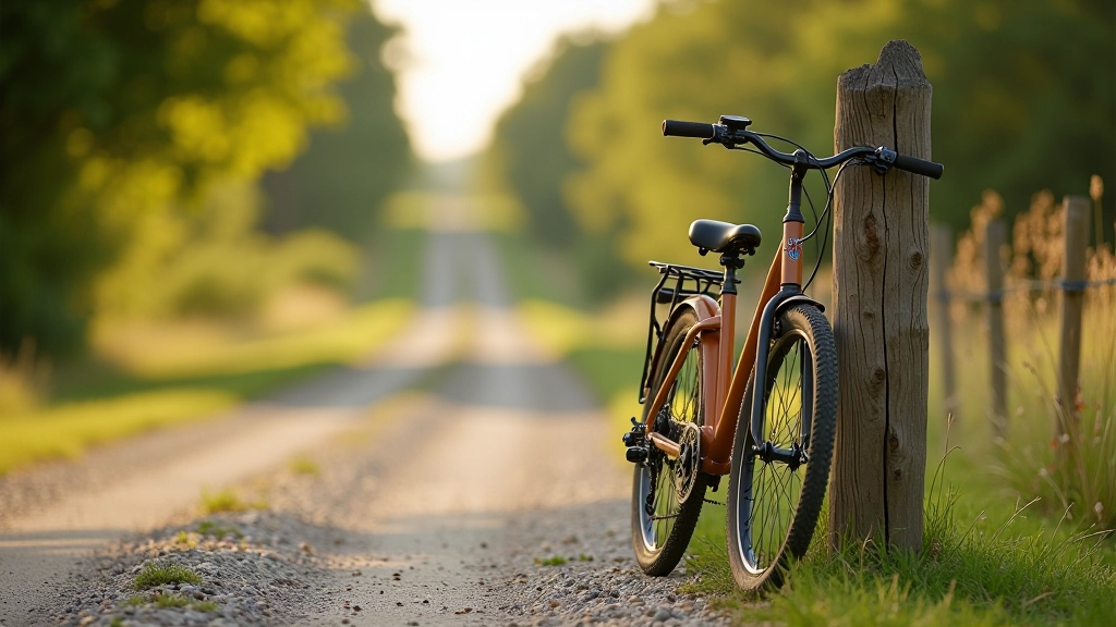 Bicicleta de montaña adaptada para adultos mayores aparcada contra un poste de madera, mostrando características de comodidad y estabilidad