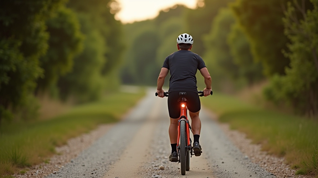 Bicicleta con casco y luces de seguridad en un camino de grava, equipo deportivo completo, luz natural clara