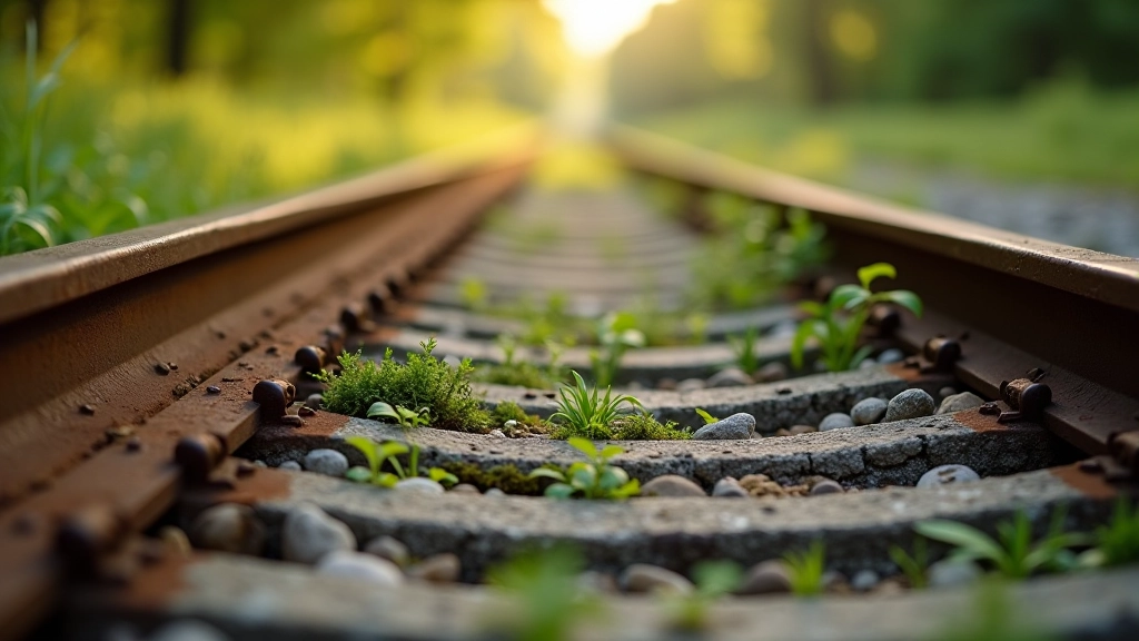 Primer plano de una vía ferroviaria abandonada con dos rieles de hierro oxidado, adoquines antiguos y plantas verdes entre las grietas