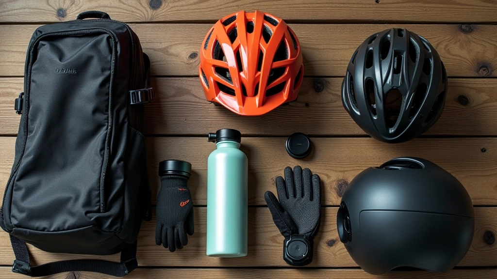 Botella de agua reutilizable azul descansando sobre una mochila de ciclista con accesorios de bicicleta dispersos al lado
