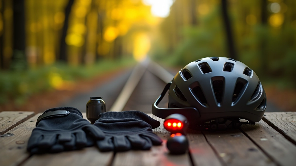 Equipo de seguridad para ciclismo: casco, guantes, luces traseras y botella de agua sobre una mesa de madera