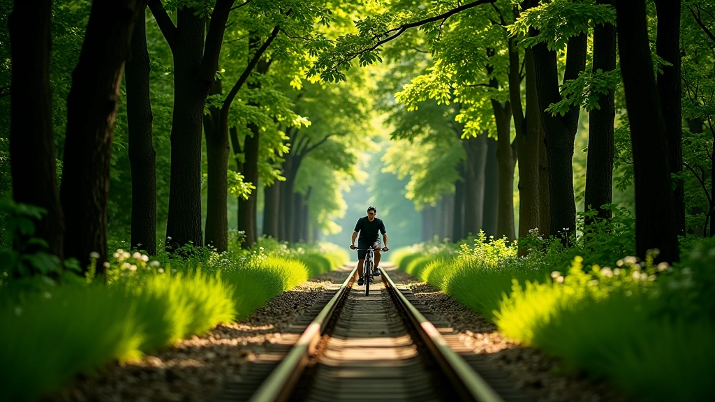 Sendero de bicicleta en la vía ferroviaria con árboles a ambos lados creando un túnel verde, luz solar filtrándose entre las hojas