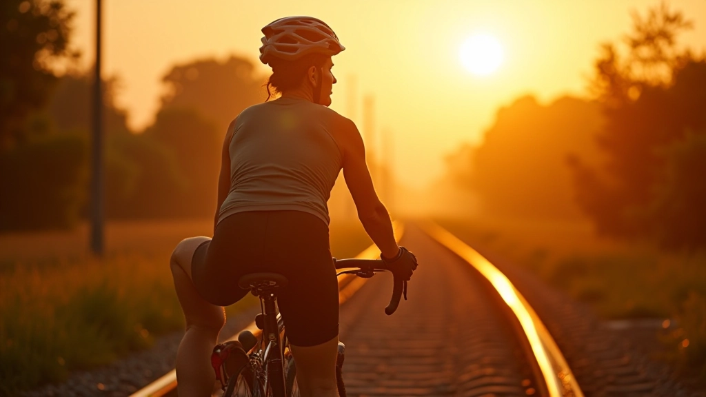 Ciclista estirando las piernas antes de salir, usando equipo deportivo, amanecer con luz dorada en una vía de tren abandonada