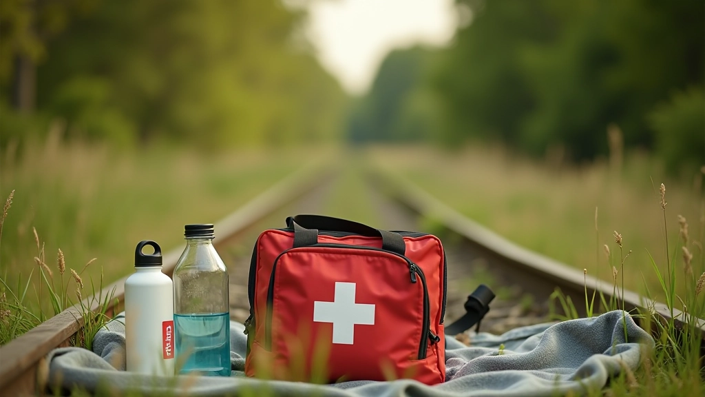 Kit de primeros auxilios abierto junto a una botella de agua en una mochila de bicicleta, sobre un fondo de naturaleza