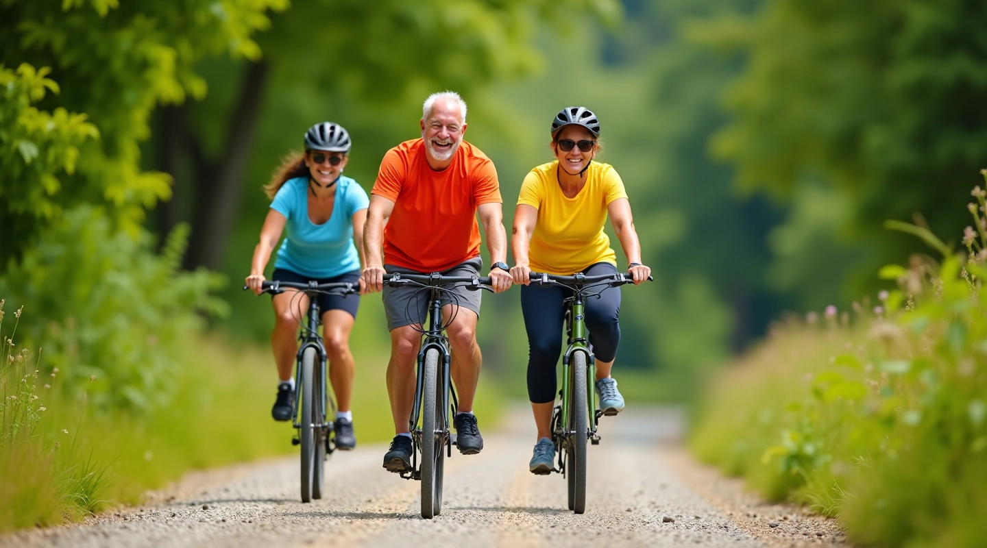 Grupo de ciclistas adultos mayores disfrutando de una salida en la vía del tren azucarero abandonada, rodeados de vegetación verde y cielo azul