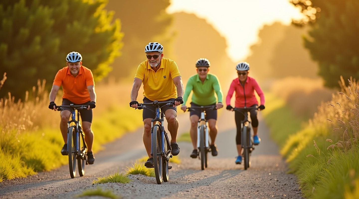 Grupo de ciclistas adultos mayores en ropa deportiva en un camino de grava, sonriendo y listos para comenzar