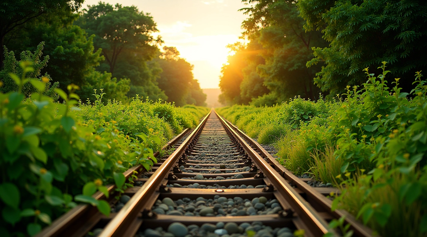 Vista de la antigua vía ferroviaria del tren azucarero entre vegetación natural y paisaje histórico