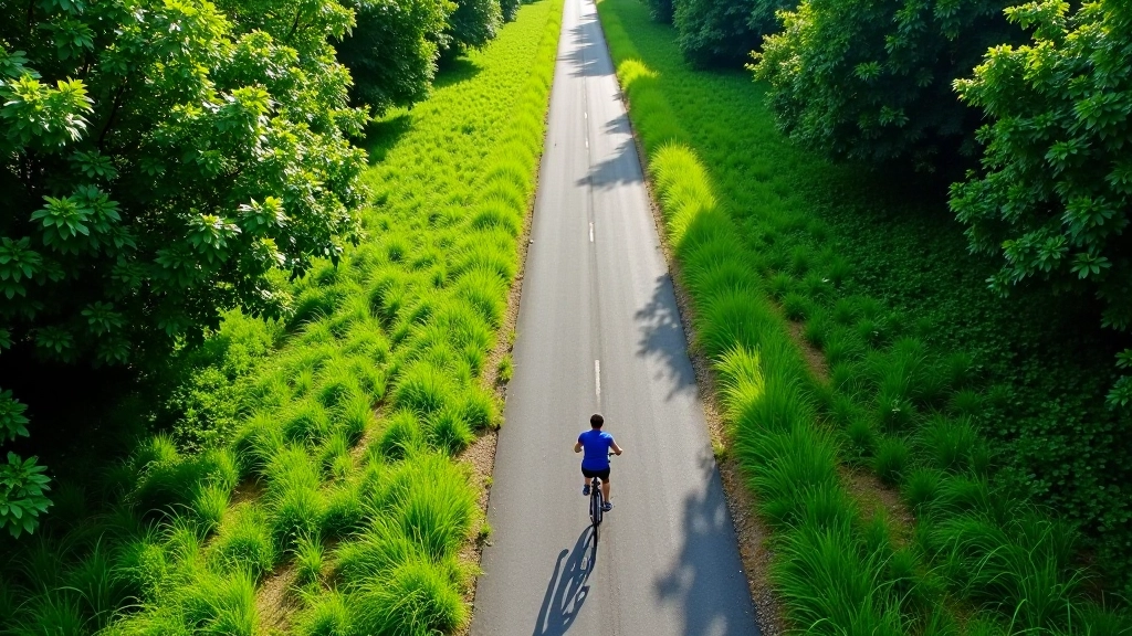 Vista aérea de una sección de vía de tren abandonada rodeada de vegetación verde con un sendero ciclista bien mantenido