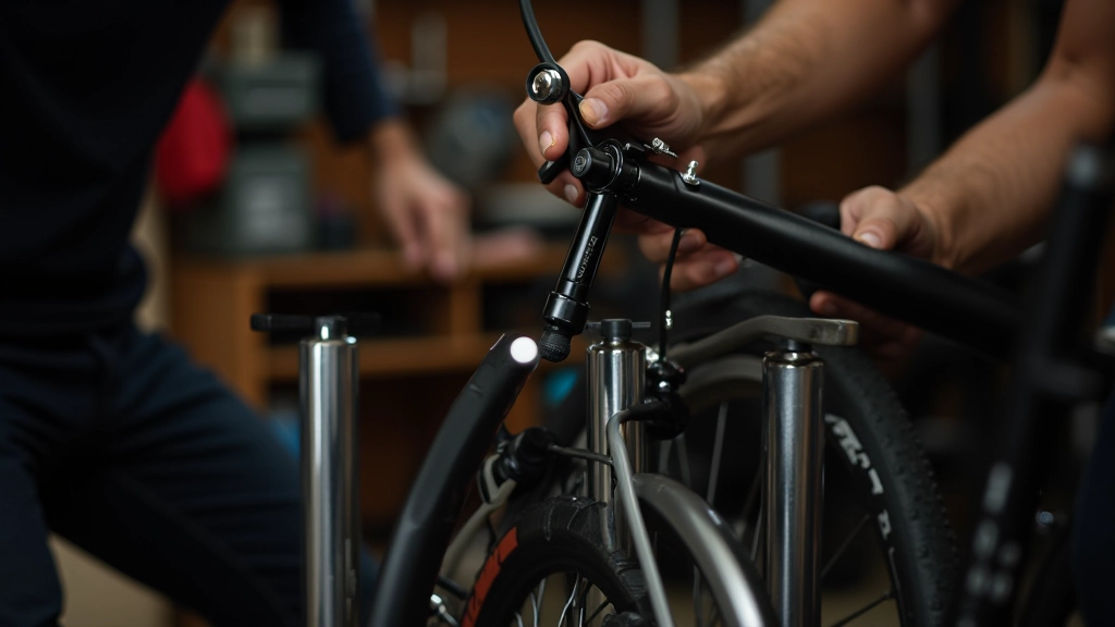 Persona verificando la presión de llantas de una bicicleta con una bomba de aire manual, taller de reparación con herramientas en segundo plano