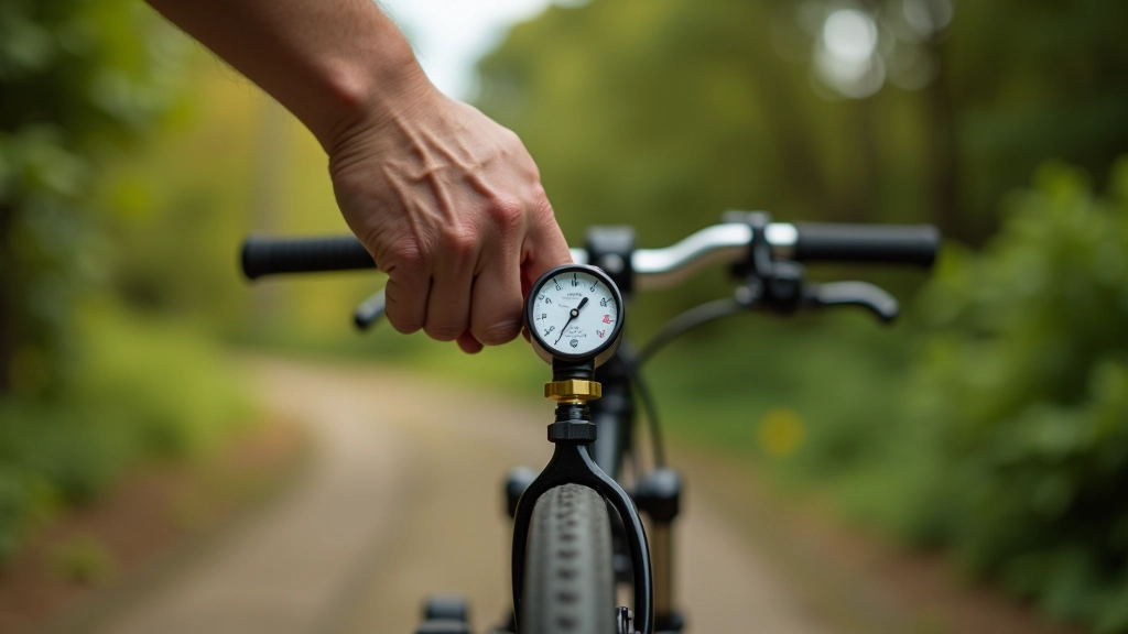 Mano sosteniendo una bomba de bicicleta con manómetro conectada a una válvula de neumático en un jardín soleado