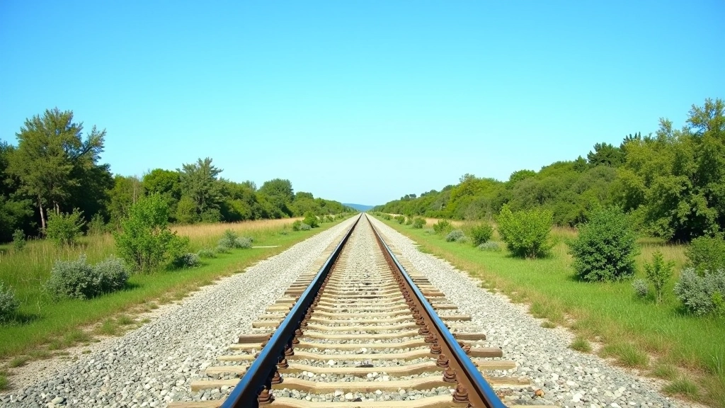 Vista panorámica de la vía del tren abandonada extendiéndose hacia el horizonte, con árboles a ambos lados y cielo despejado